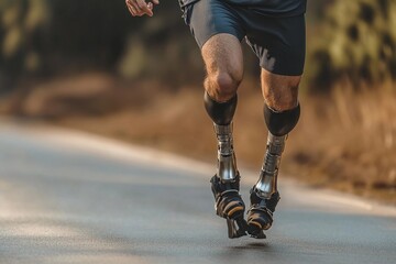 Close-up of person with prosthetic leg walking on court during sunset, highlighting resilience and strength in athletic pursuit