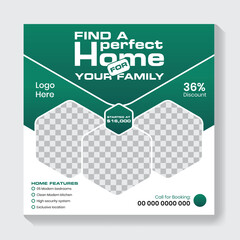 Modern real estate social media post design template, square template, Modern home sale flyer with logo, icon & abstract background for business marketing, property Instagram post template