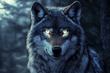 Fototapeta premium Wolf with radiant eyes reflects the power of the moon in a mystical forest setting under twilight sky
