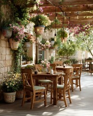 Fototapeta premium Outdoor Restaurant Patio with Wooden Tables and Chairs Adorned with Hanging Floral Decorations under Warm Lighting