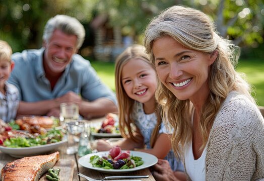 An elderly woman is having lunch with her family in the backyard, enjoying healthy food and smiling while sitting on a wooden bench in the park on a sunny day.