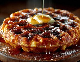 Wunderschöne Waffel mit Sirup / Goldbraune Belgische Waffel zum Frühstück / Süßes Gebäck mit Ahornsirup / Hausgemachter Genuss und Fluffige Textur