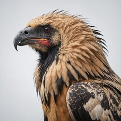 Side profile of a bearded vulture, beak open, on white background




