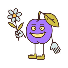 Plum character half turn holding flower and smiling