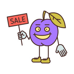Plum character half turn holding sign with inscription sale and smiling