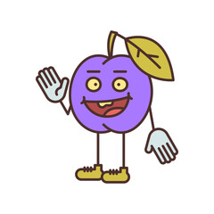 Plum character half turn waves his hand and smiling