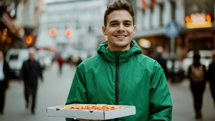 Joyful pizza delivery journey through busy urban streets