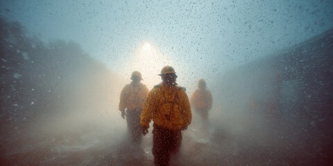 Professional Emergency Rescuers Navigating Coastal Flood Waters High-Quality Dramatic Disaster Response Content for Modern Crisis Marketing and Social Media