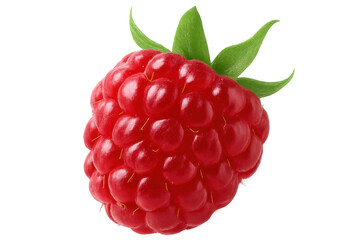Vibrant raspberry close-up displaying ripe fruit surface, delicate green leaves, detailed texture against transparent backdrop