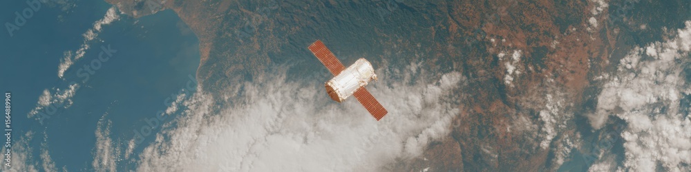 Poster Sleek sentinel satellite with extended solar panels orbiting Earth, capturing dynamic planetary data for space-based environmental monitoring and cosmic stewardship