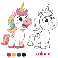Cute Cartoon Unicorn Coloring Page – Bold Outlines, Cheerful Expression, Playful Fantasy Animal for Kids Activity Book © Sonjoy