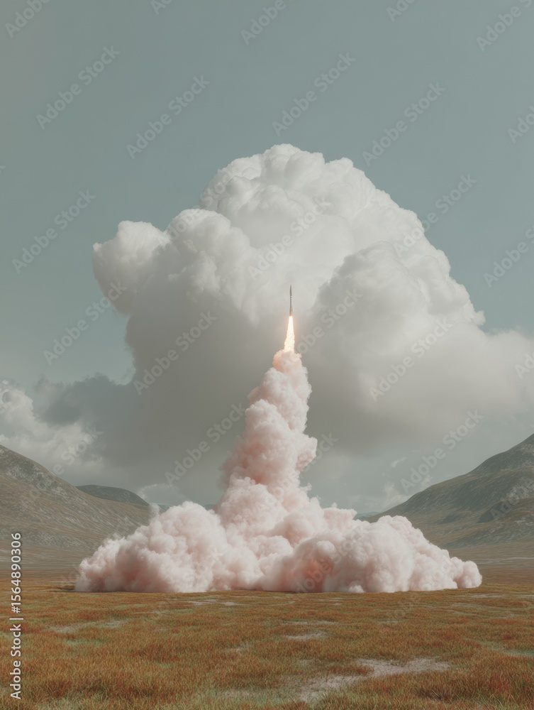 Poster futuristic rocket launch in open landscape with dramatic cloudscape symbolizing innovation, growth, 