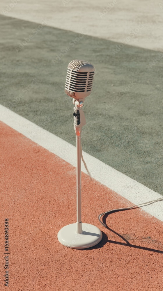 Poster Vintage Heritage Microphone on Retro Stand with Mesh Grille in Minimalist Studio Setting for Professional Podcast and Audio Branding Use