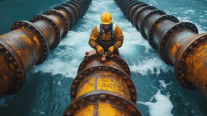 Industrial Precision: A skilled worker meticulously inspects and maintains massive pipelines in a dynamic display of engineering and industry expertise.