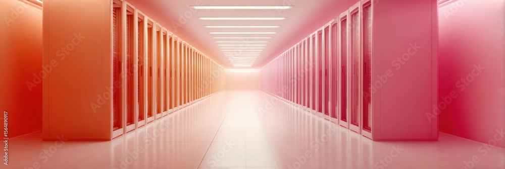 Poster Futuristic Data Center Interior with Continuous Server Cluster Rows on Raised Flooring - High-Tech Infrastructure for Efficient Business Data Storage and Cloud Solutions