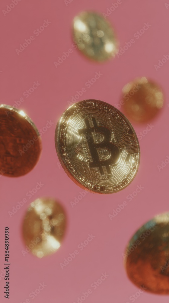 Poster Floating Bitcoin Symbol with Blockchain Icons on Pink Background for NFT Marketplace and Digital Finance Advertising in Modern Crypto Trends