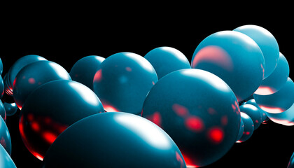 Glossy blue spheres with red reflections on a black background. 3D rendering