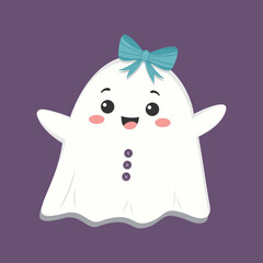 Adorable ghost with a teal bow and smile, shown on a purple background, fun Halloween character for kids