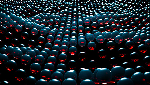 Glowing red and blue spheres create a mesmerizing wave-like pattern on a dark background. 3D rendering