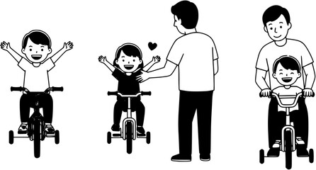 Child with raised arms learning to bike
