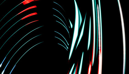 Abstract light trails with a mix of red and blue creating a dynamic pattern on a black background. 3D rendering