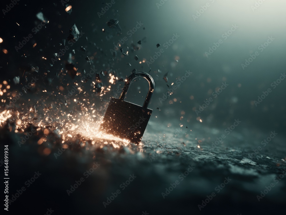 Aufkleber Exploding Data Padlock with Sparks and Shattering Fragments in Dark Moody Setting for Cybersecurity Risk and Digital Protection Advertising