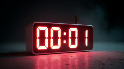 A close-up of a digital clock showing the time 00:01, in red.