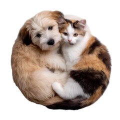 Obraz premium Cute fluffy puppy and calico kitten cuddling together in a circle isolated on transparent background