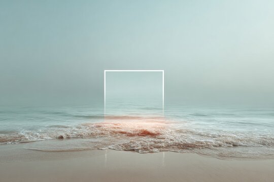 Minimalist Seascape with Soft Waves and Pastel Sky Featuring Geometric Frame Overlay - Contemporary Relaxation and Wellness Concept