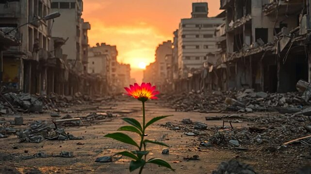 A single vibrant flower blooms amidst the rubble of a destroyed city at sunset