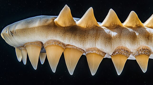 A close-up photograph of the mouth and formidable teeth of a sand tiger shark