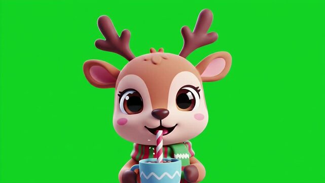 Charming 3D Reindeer Sipping Drink with Candy Cane Straw in Green Screen Animated Holiday Scene