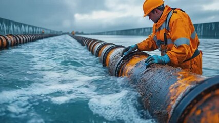 Guardian of Infrastructure: A focused engineer inspects a pipeline immersed in water, embodying expertise and precision in maintaining essential infrastructure.