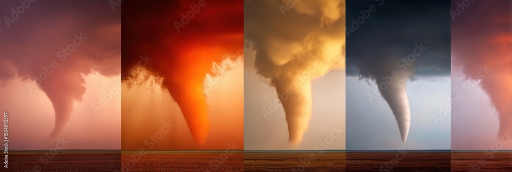 Poster Meteorological Funnel Cloud Sequence Showing Tornado Formation Stages over Open Plain - Educational Weather Science Image for Climate Awareness Campaigns