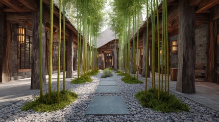 Obraz premium Courtyard lined with bamboo, smooth pebbles, and a central lantern, peaceful Asian influence with space