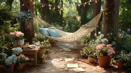 Tranquil Hammock Suspended Between Trees In A Lush Garden With Flowers Sunlight And Pathway