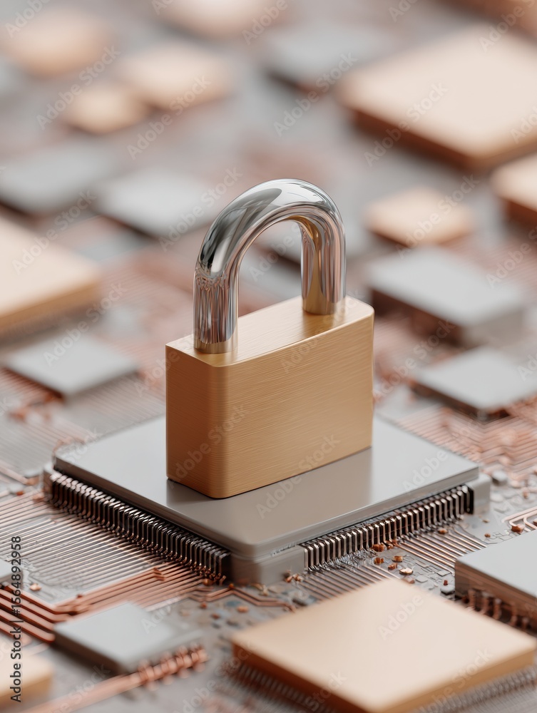 Poster Quantum Security Digital Lock on Microchip Circuit Board Representing Data Protection and Privacy in Advanced Technological Environments