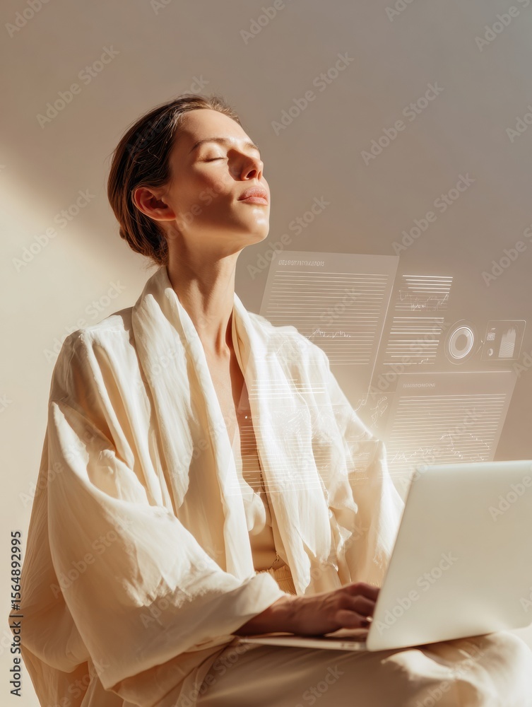 Poster Futuristic AI Businesswoman Using Transparent Digital Interface on Laptop for Workflow Automation and Enhanced Productivity in Modern Enterprise Technology