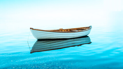 A minimalist photo showing a white wooden rowboat motionless on glassy light blue water, reflecting softly under clear, serene sky