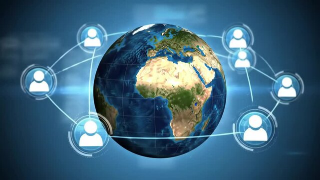 Rotating digital globe with animated social network overlay, global connectivity, photorealistic