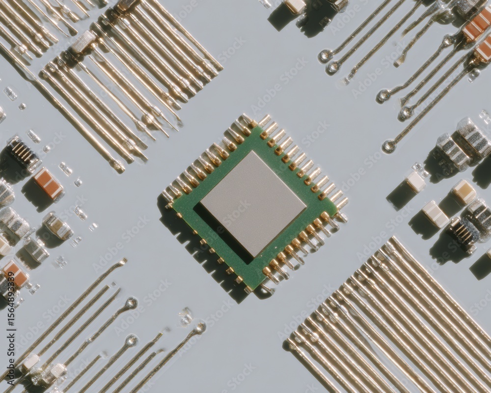 Aufkleber Quantum Analytics AI Chip with Detailed Circuitry and Digital Lines on Abstract Tech Background for Smart Automation and AI Development