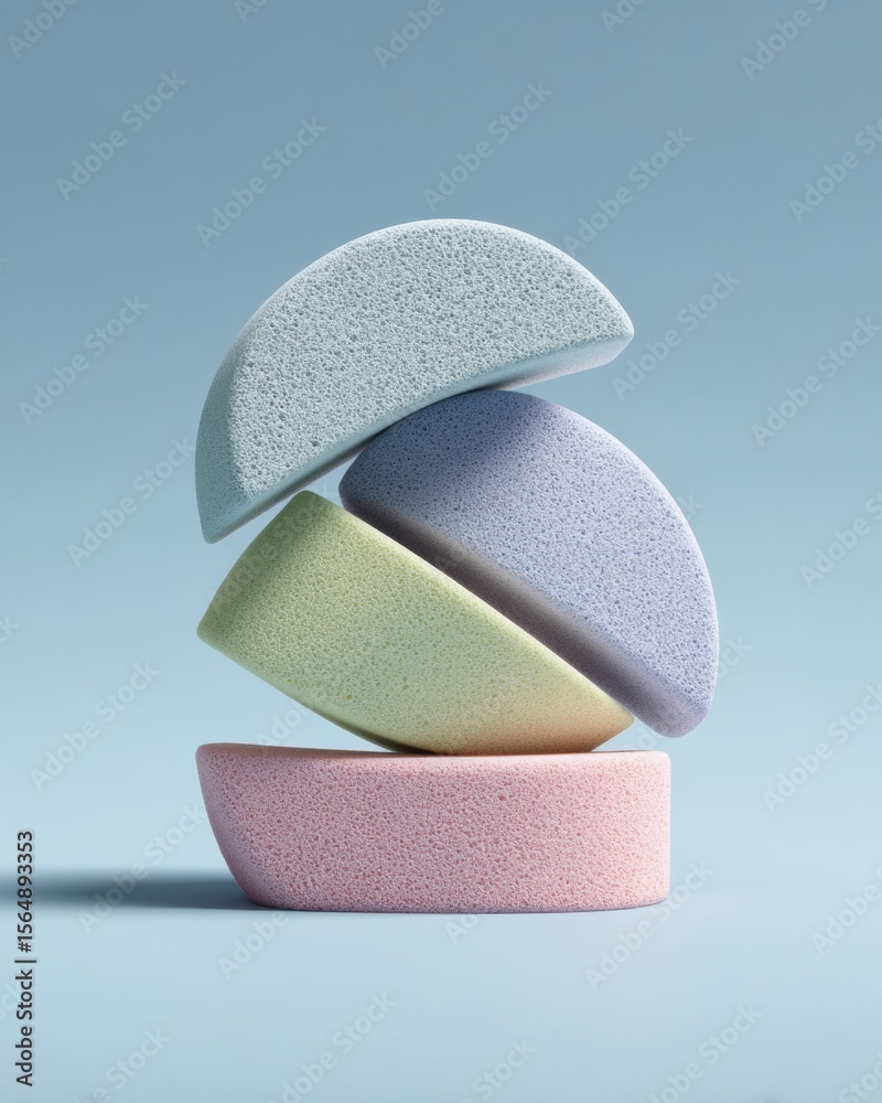 Aufkleber Pastel Colored Foam Shapes Stacked in Abstract Balance on Soft Blue Background - Modern Minimalist Design with Textured Material and Calm Vibes