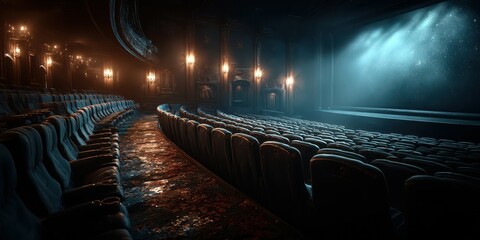 Fototapeta premium Abandoned theater with empty seats and dramatic lighting creating a mysterious atmosphere