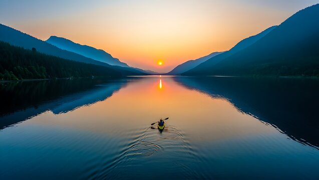 Lone kayaker paddles across calm lake at sunrise between misty mountains