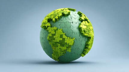 Earth made of green puzzle pieces, a few missing, symbolizing collaborative ideas to solve global issues with space