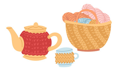 Knitted heating pad, lid for ceramic teapot and mug next to bag filled with yarn. Cozy atmosphere, handmade. Flat color illustration. Postcards, packaging, social media posts, themes of care, comfort