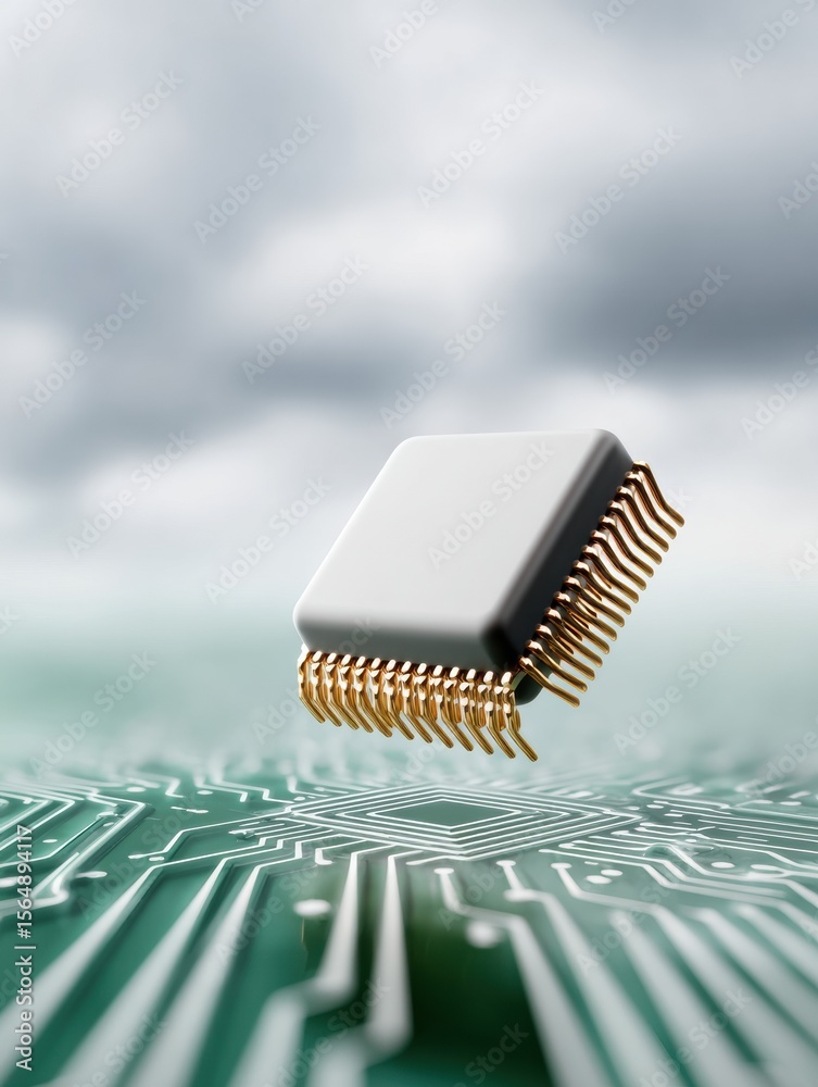 Poster Quantum Algorithm AI Chip with Gold Pins Hovering Over Circuit Board Close-Up Showing Transistors for Advanced Computational Innovation