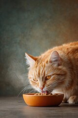 Wellness Trend Ginger Cat Eating Healthy Veterinary Food from Ceramic Bowl on Modern Floor - Pet Nutrition and Balanced Diet Concept