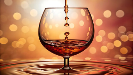 Golden Liquid Cascade Pouring into Elegant Glass Creating Ripples of Deliciousness with a Bokeh Background