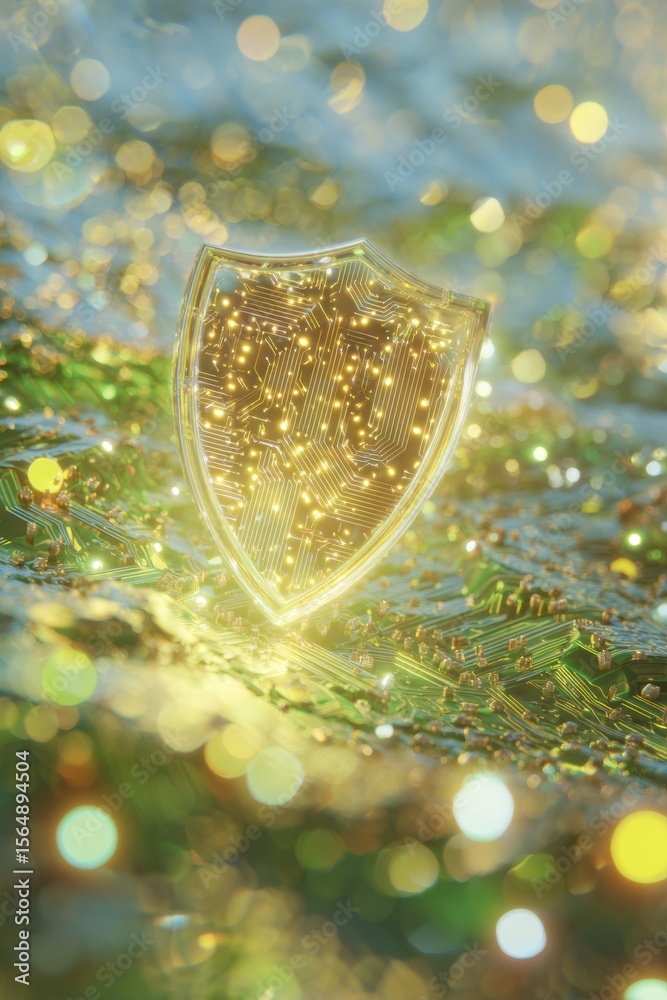 Aufkleber Quantum cybersecurity shield with glowing digital circuits amidst advanced tech network for data protection and impenetrable digital defense innovation